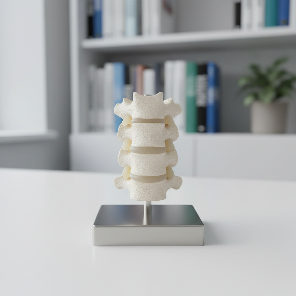 A close-up, highly detailed shot of a realistic anatomical model of the upper cervical spine, focusing on the atlas and axis vertebrae. The model’s off-white textured plastic bones and soft, flexible discs sit on a matte steel base atop a smooth white consultation desk. Behind it, blurred shelves display neatly arranged medical reference books and a subtle, muted green plant for a touch of organic calm. Cool, diffused daylight from a side window creates delicate highlights on the vertebrae edges and fine shadows in the grooves, emphasizing structure and precision. The mood is professional and educational, ideal for explaining complex concepts. Captured with a shallow depth of field and centered composition, this photographic realism highlights exacting detail and reinforces the theme of precision upper cervical care.