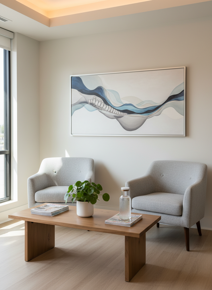 A serene, person-free waiting area in a chiropractic clinic, featuring two plush, light gray armchairs with textured fabric facing a low, natural-wood coffee table. On the table rests a neatly stacked set of wellness magazines, a clear glass water carafe with condensation, and a small, healthy green plant in a white ceramic pot. The background includes a wall-mounted, abstract art piece subtly inspired by spinal curves in calming blues and soft neutrals. Warm, indirect ceiling lighting combines with soft daylight from a nearby window, creating a gentle glow and feathered shadows. Photographed from a slightly elevated angle with balanced composition, everything is in crisp focus, conveying a calm, professional, and welcoming atmosphere in clean, modern photographic realism.