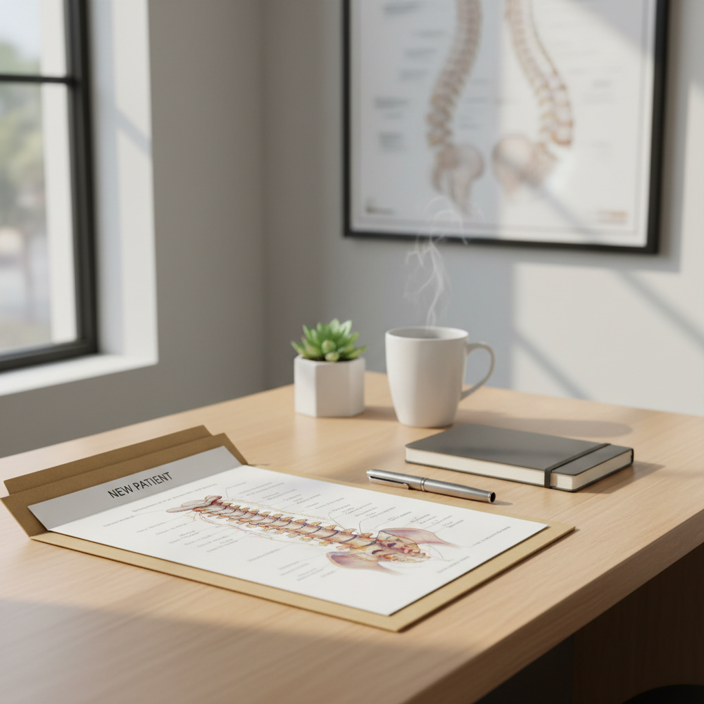 A clean, modern consultation desk in a chiropractic office prepared for a new patient, carefully styled with no people present. On the smooth light-wood surface lies an open folder displaying a detailed, color anatomical illustration of the cervical spine, next to a high-quality metal pen and a small, closed notebook. A minimalist white ceramic mug filled with herbal tea releases a faint wisp of steam beside a compact, lush green plant. In the background, softly blurred, a wall-mounted diagram of spinal alignment adds context. Natural daylight streams in from the side, producing soft highlights along the paper edges and subtle, reassuring shadows. Captured from an oblique, slightly elevated angle with shallow depth of field, the photographic realism feels professional, calm, and inviting, ideal for a precision-focused chiropractic practice.
