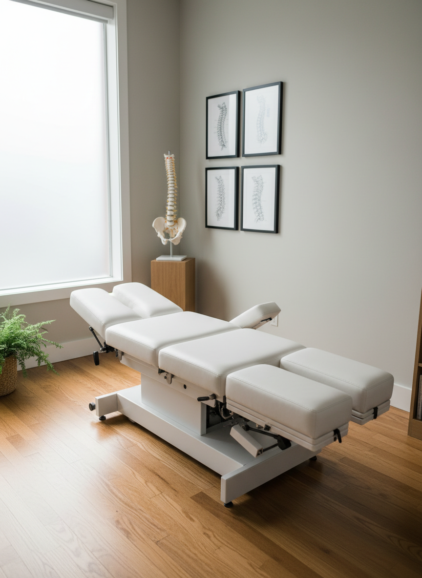 A carefully arranged chiropractic treatment room without any people, featuring a premium white chiropractic adjustment table with soft, stitched leather upholstery and adjustable headpiece, centered on a warm oak floor. Along the wall, a detailed anatomical spine model stands next to framed, minimalist diagrams of the upper cervical spine. Soft natural daylight filters through a frosted window, creating gentle, diffused highlights on the table’s contours and subtle shadows under the equipment. The atmosphere feels professional, calm, and clinically clean yet welcoming. Photographed at eye level with a slightly wide angle, the composition uses the rule of thirds, keeping the room sharp in focus while the far wall gently softens. The photographic realism emphasizes clarity, precision, and a modern, health-focused aesthetic suitable for a chiropractic specialist.