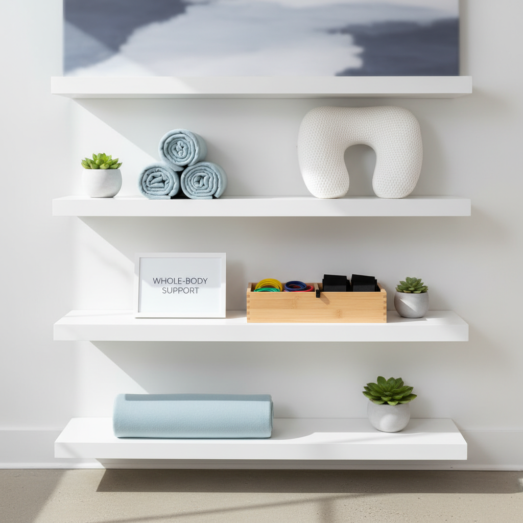 A neat shelving unit in a chiropractic wellness office, displaying an intentional arrangement of whole-body support tools and decor. On smooth white shelves sit neatly rolled pale-blue support cushions, a high-quality cervical pillow with a contoured shape, and a wooden box containing resistance bands and posture straps. Beside them, small potted plants in matte white planters introduce natural texture, and a single framed card reads “Whole-Body Support” in clean, modern typography. Soft, overcast daylight from a nearby window fills the space with even illumination, creating faint, calming shadows. Photographed with a straight-on perspective and moderate depth of field, the composition is orderly and balanced, radiating calm professionalism. The photographic realism and minimalist aesthetic align with a modern chiropractic clinic focused on comprehensive, gentle care.