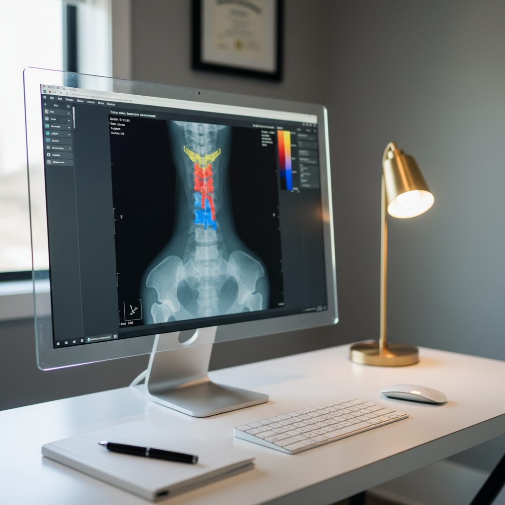 A meticulously organized chiropractor’s diagnostic station without any people, featuring a large, ultra-clear computer monitor displaying a detailed, full-color upper cervical X-ray. The screen’s crisp image shows the atlas and axis alignment against a dark interface, sitting on a minimalist white desk with a wireless keyboard, a sleek notebook, and a fine-tip pen. To the side, a small, modern lamp with a soft white bulb adds a warm accent against cool ambient daylight coming from an unseen window. The room’s walls are a soft neutral gray, with a subtle framed certification blurred in the background. Shot at an eye-level angle with shallow depth of field centered on the monitor, the photographic realism conveys precision, advanced technology, and a thoroughly professional clinical environment.